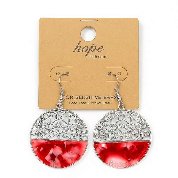 Elegant Red & Silver Filigree Round Drop Earrings – Hope Collection