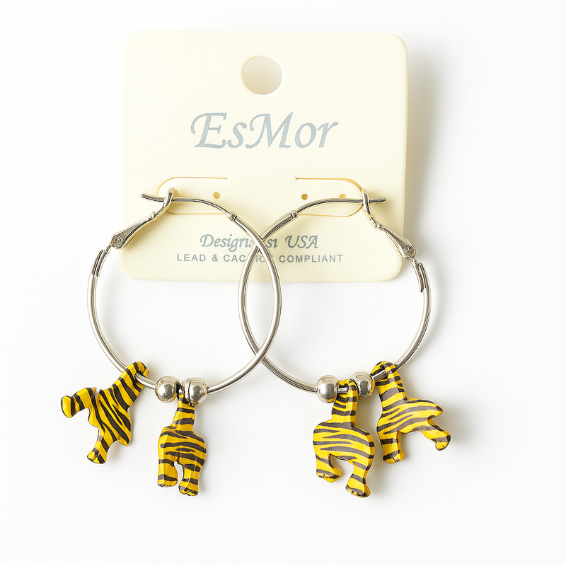 Animal Charm Hoop Earrings – Silver Hoops with Yellow Tiger Pendants
