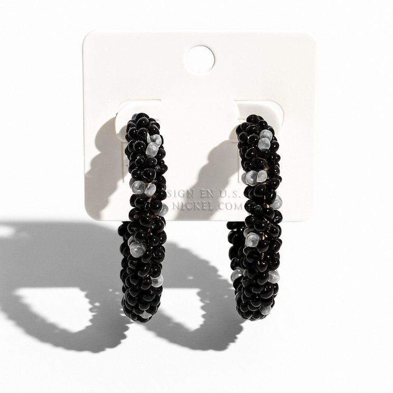 Black and Silver-Toned Beaded Hoop Earrings.