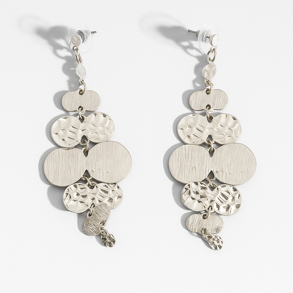 Silver-toned multi-disc chandelier drop earrings.