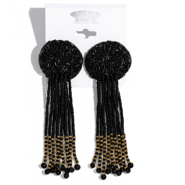 Black and Gold Beaded Tassel Earrings.