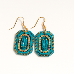 Vintage-Inspired Teal &amp; Gold Chain Drop Earrings with Crystal Accents