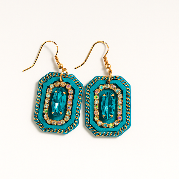Vintage-Inspired Teal &amp; Gold Chain Drop Earrings with Crystal Accents
