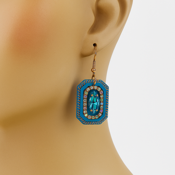 Vintage-Inspired Teal &amp; Gold Chain Drop Earrings with Crystal Accents
