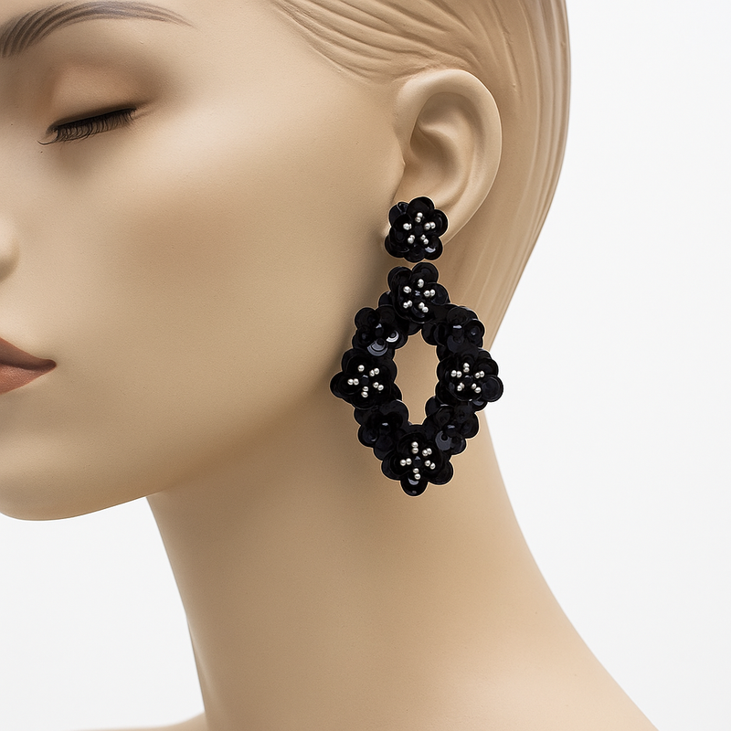 Toniq Black Sequin Embellished Drop Earrings