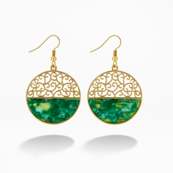Gold-Tone Filigree and Green Resin Drop Earrings.