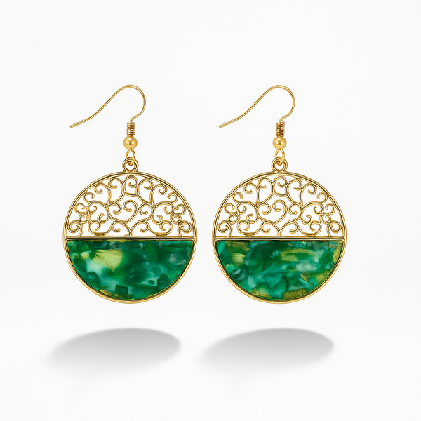 Gold-Tone Filigree and Green Resin Drop Earrings.