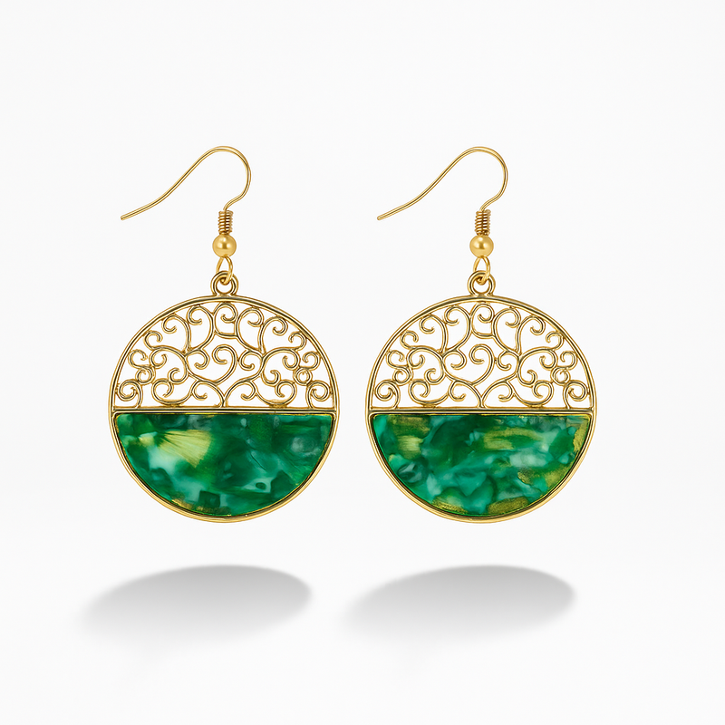 Gold-Tone Filigree and Green Resin Drop Earrings.
