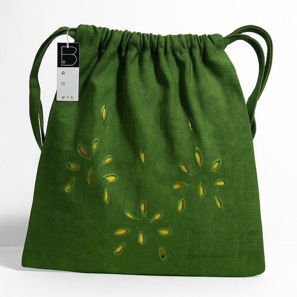 Green Drawstring Bag with Floral Cut-outs