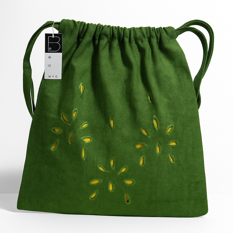 Green Drawstring Bag with Floral Cut-outs