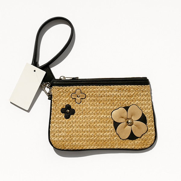 Woven straw pouch with flower appliques