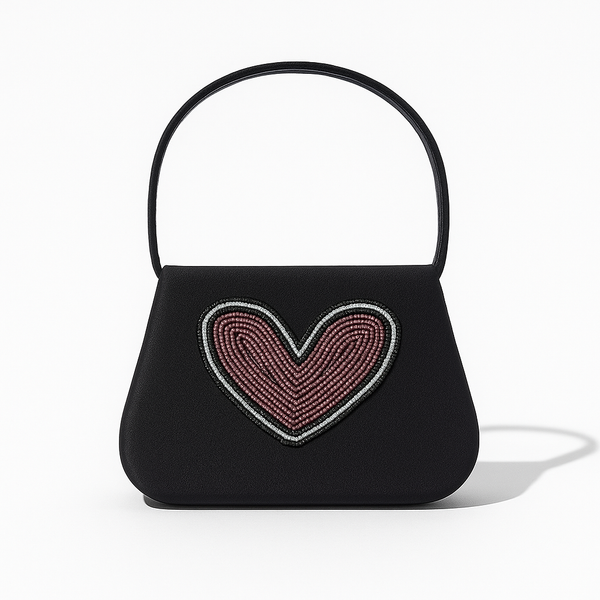 Black handbag with a beaded heart design