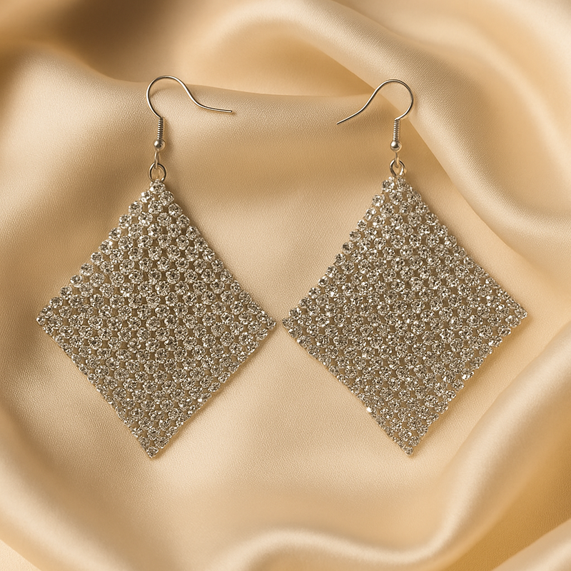 Silver-Tone Crystal Mesh Diamond-Shape Drop Earrings.