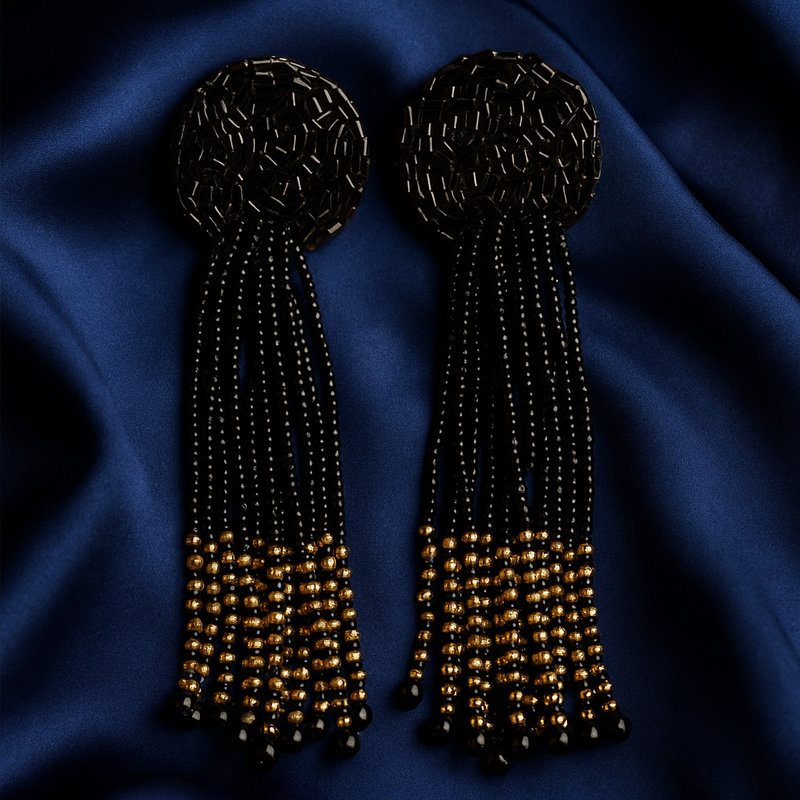 Black and Gold Beaded Tassel Earrings.