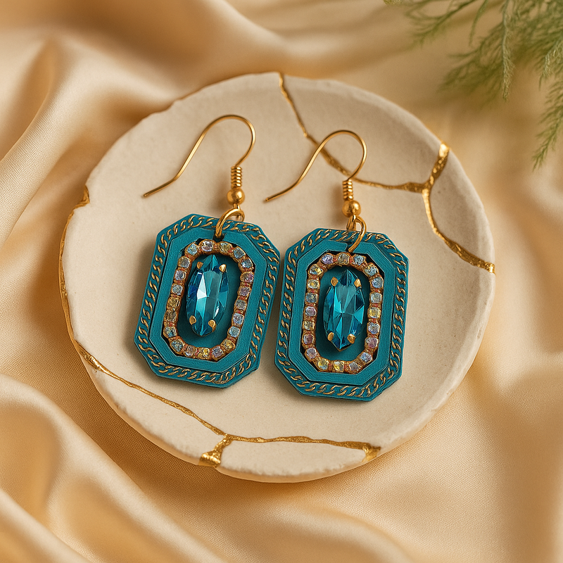 Vintage-Inspired Teal &amp; Gold Chain Drop Earrings with Crystal Accents
