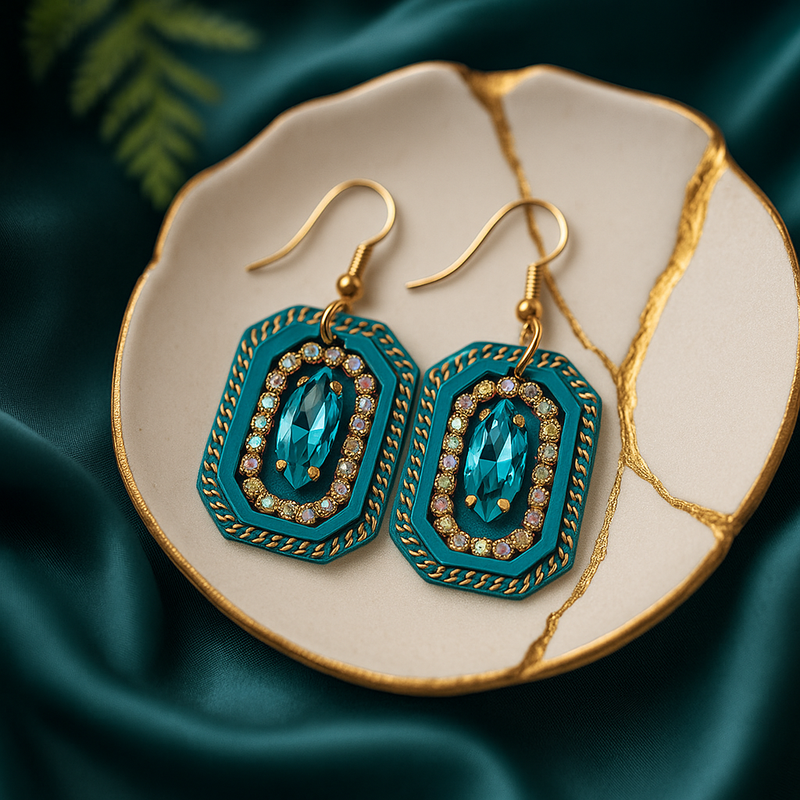 Vintage-Inspired Teal &amp; Gold Chain Drop Earrings with Crystal Accents