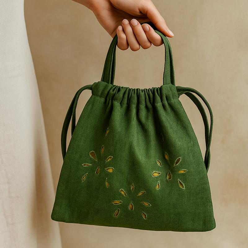 Green Drawstring Bag with Floral Cut-outs