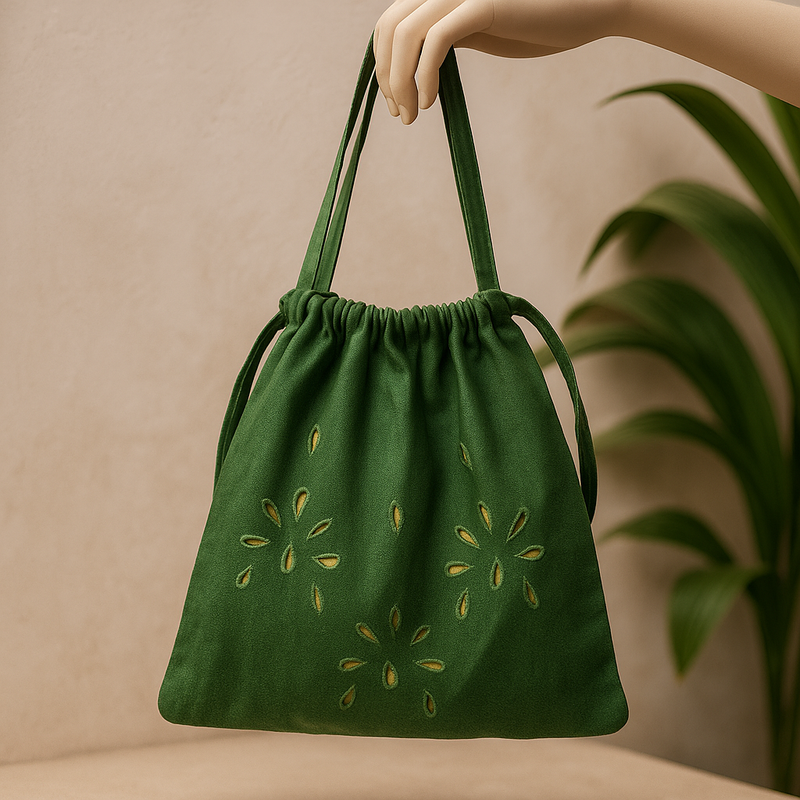 Green Drawstring Bag with Floral Cut-outs