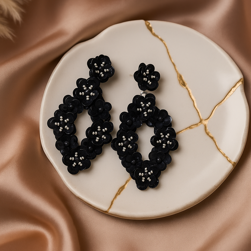 Toniq Black Sequin Embellished Drop Earrings