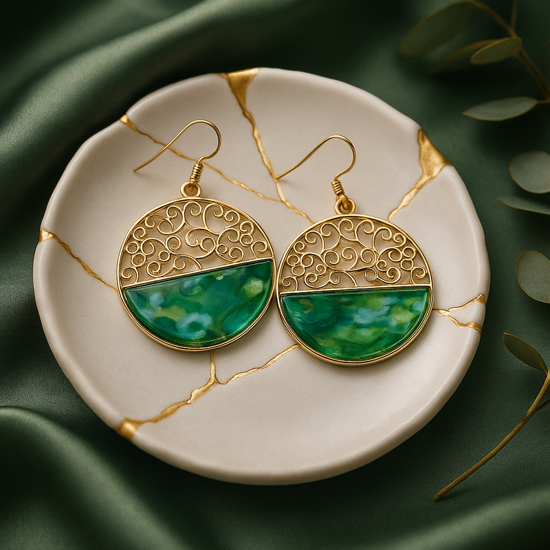 Gold-Tone Filigree and Green Resin Drop Earrings.