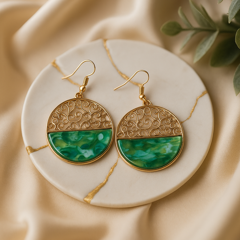 Gold-Tone Filigree and Green Resin Drop Earrings.