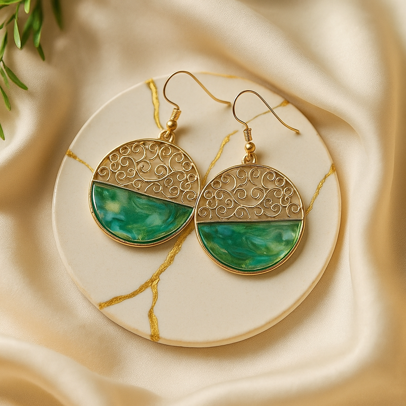 Gold-Tone Filigree and Green Resin Drop Earrings.
