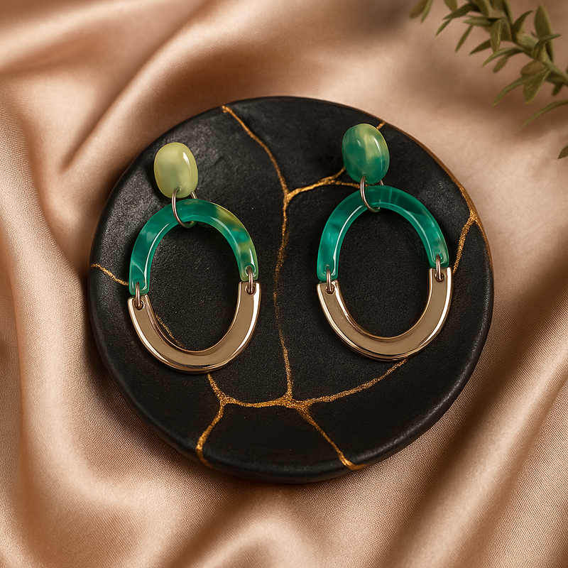 Emerald Green & Gold Oval Drop Earrings – Hope Collection