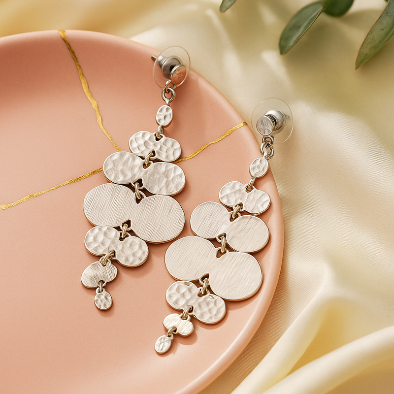 Silver-toned multi-disc chandelier drop earrings.