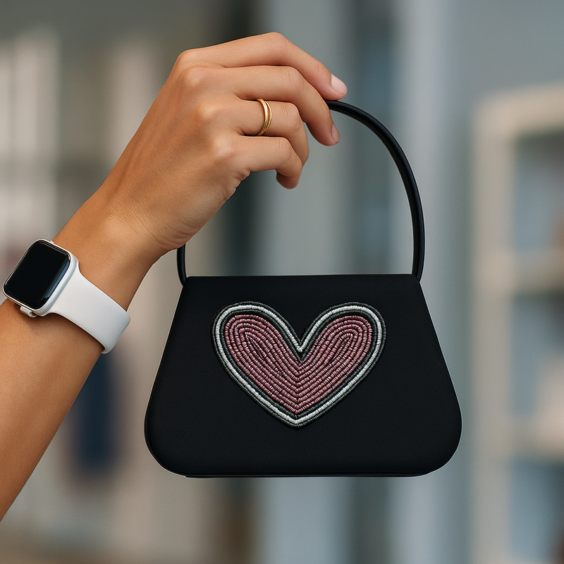 Black handbag with a beaded heart design