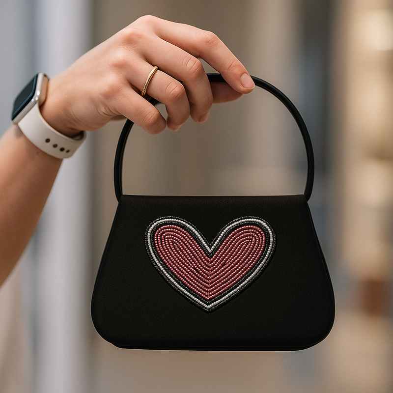 Black handbag with a beaded heart design
