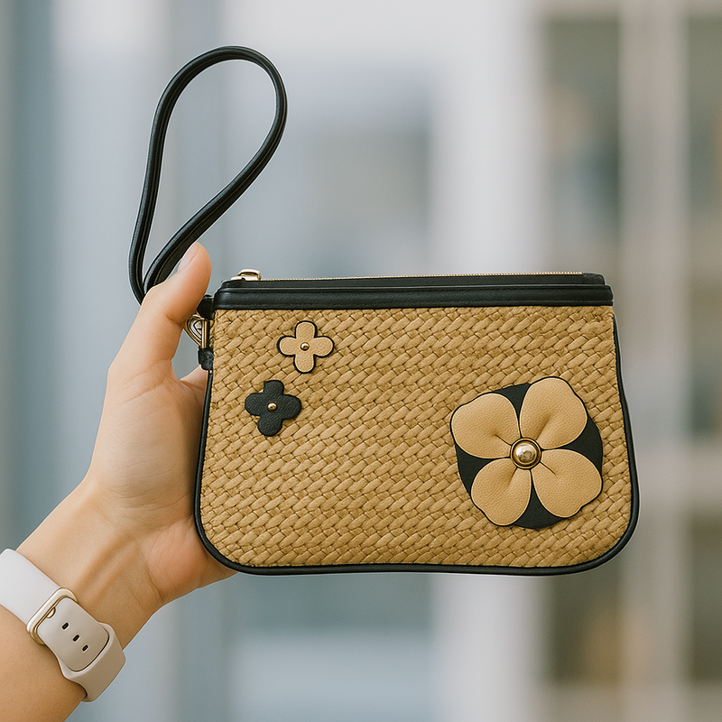 Woven straw pouch with flower appliques