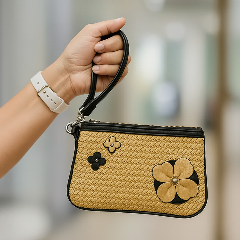 Woven straw pouch with flower appliques