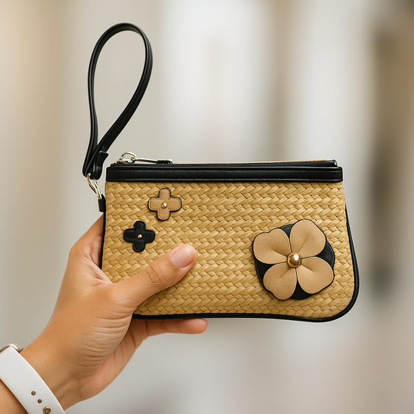 Woven straw pouch with flower appliques