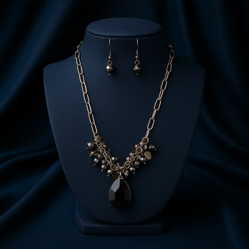 VENUS Fashion Necklace and Earring Set with Black Pendant and Beaded Clusters
