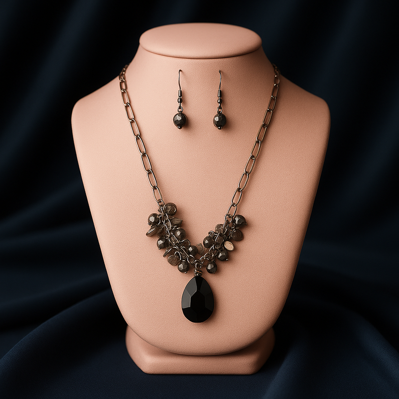 VENUS Fashion Necklace and Earring Set with Black Pendant and Beaded Clusters