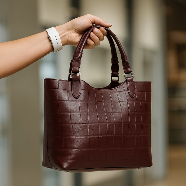 Croc-Embossed Burgundy Tote Bag