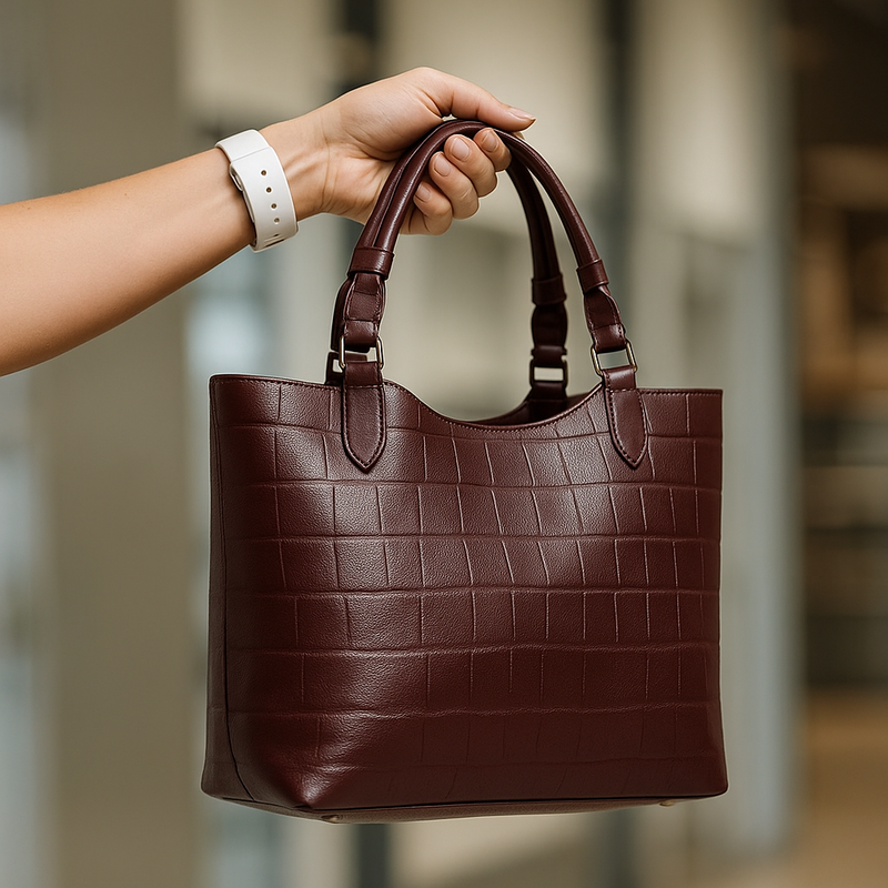 Croc-Embossed Burgundy Tote Bag
