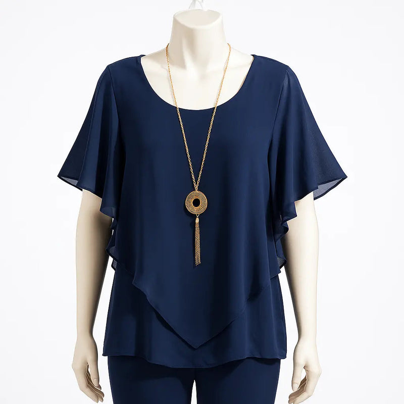 AGB Chiffon Popover Blouse with Necklace Rolling Bargains