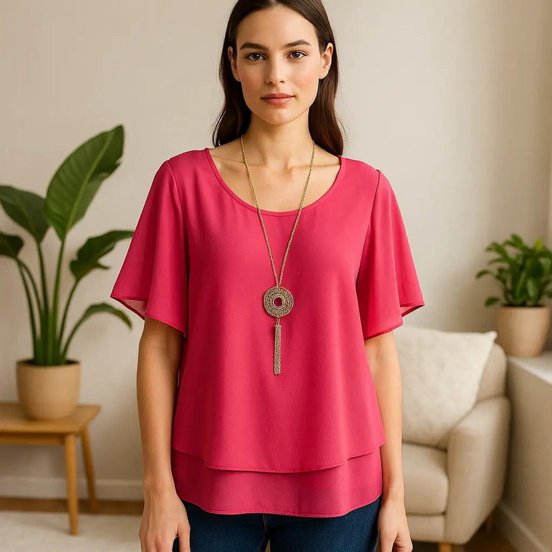 AGB Chiffon Popover Blouse with Necklace Rolling Bargains