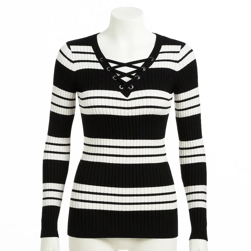 REBEL LOUS Black & White Stripe Lace-Up Ribbed Knit Top Rolling Bargains