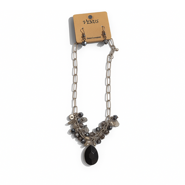 VENUS Fashion Necklace and Earring Set with Black Pendant and Beaded Clusters