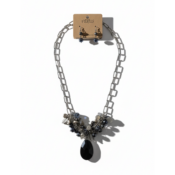 VENUS Fashion Necklace and Earring Set with Black Pendant and Beaded Clusters