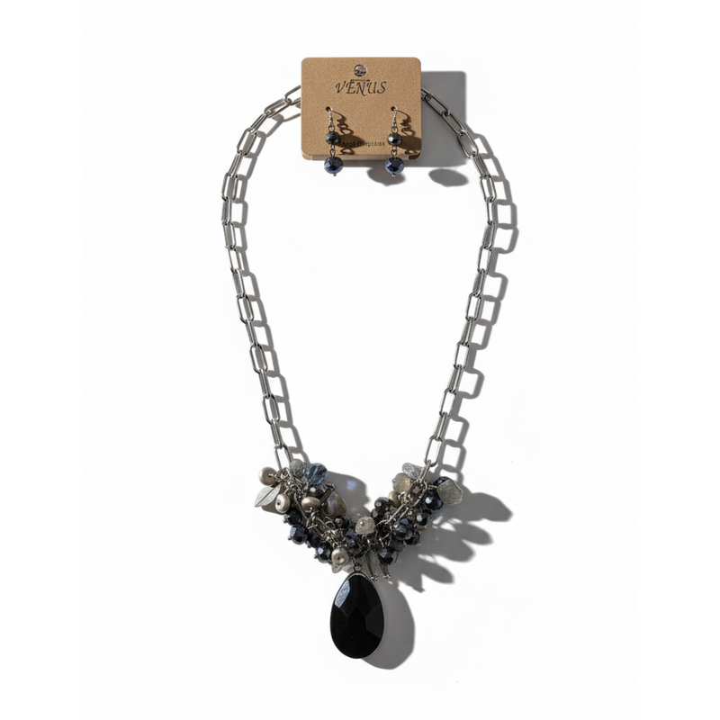 VENUS Fashion Necklace and Earring Set with Black Pendant and Beaded Clusters