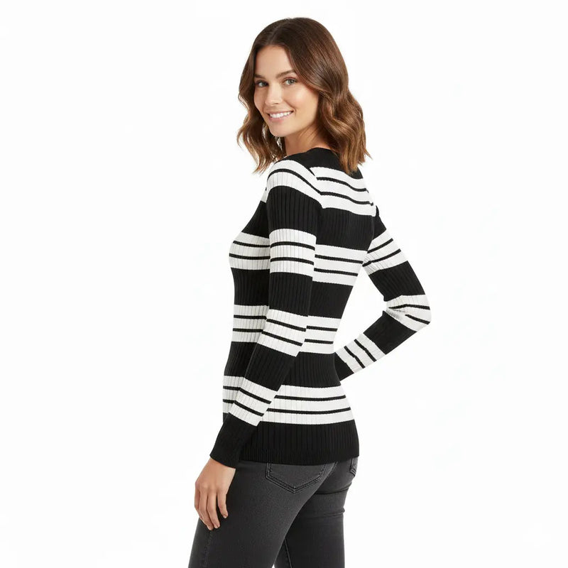 REBEL LOUS Black & White Stripe Lace-Up Ribbed Knit Top Rolling Bargains