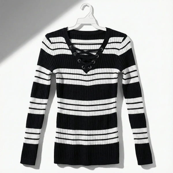REBEL LOUS Black & White Stripe Lace-Up Ribbed Knit Top Rolling Bargains