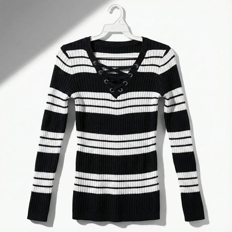 REBEL LOUS Black & White Stripe Lace-Up Ribbed Knit Top Rolling Bargains