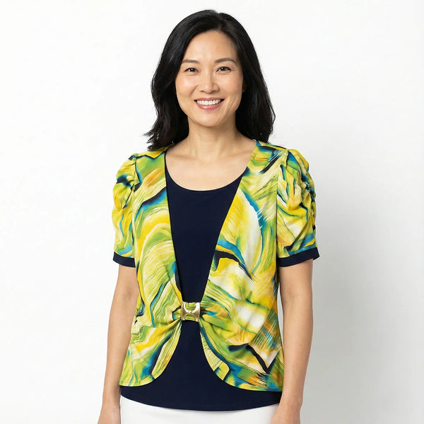 blu:m Abstract Print Layered Top with Gold Buckle Detail Rolling Bargains