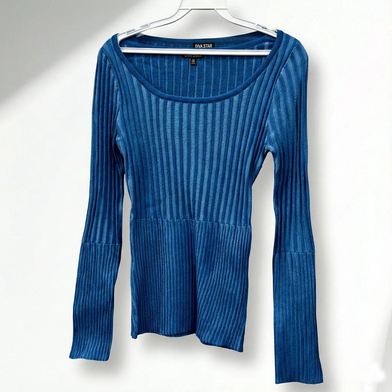 The DIVA STAR Ribbed Knit Scoop Neck Top Rolling Bargains