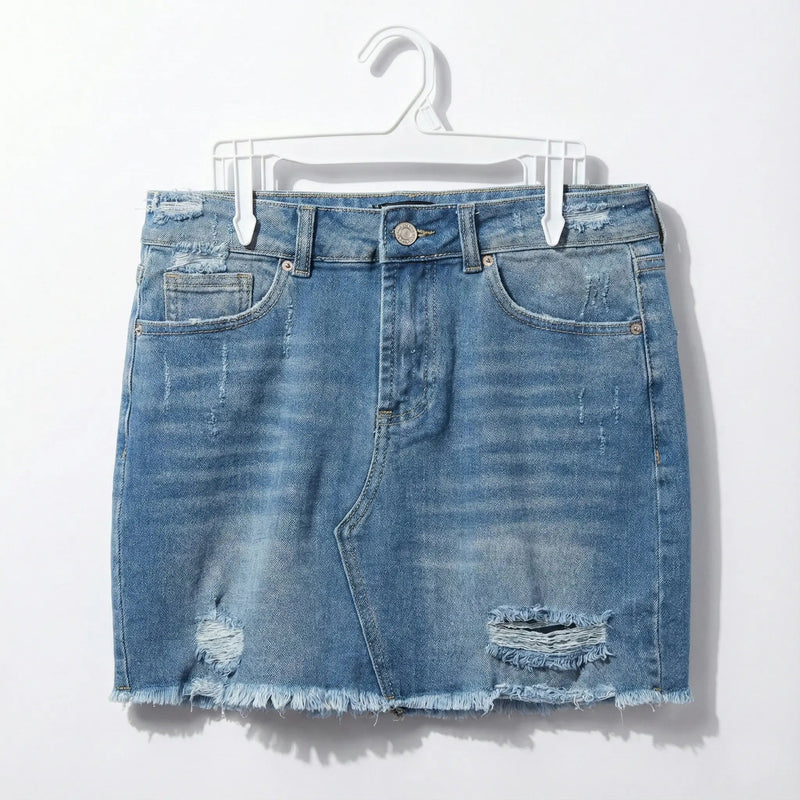 Distressed Denim Mini Skirt Rolling Bargains