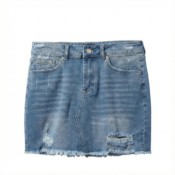 Distressed Denim Mini Skirt Rolling Bargains